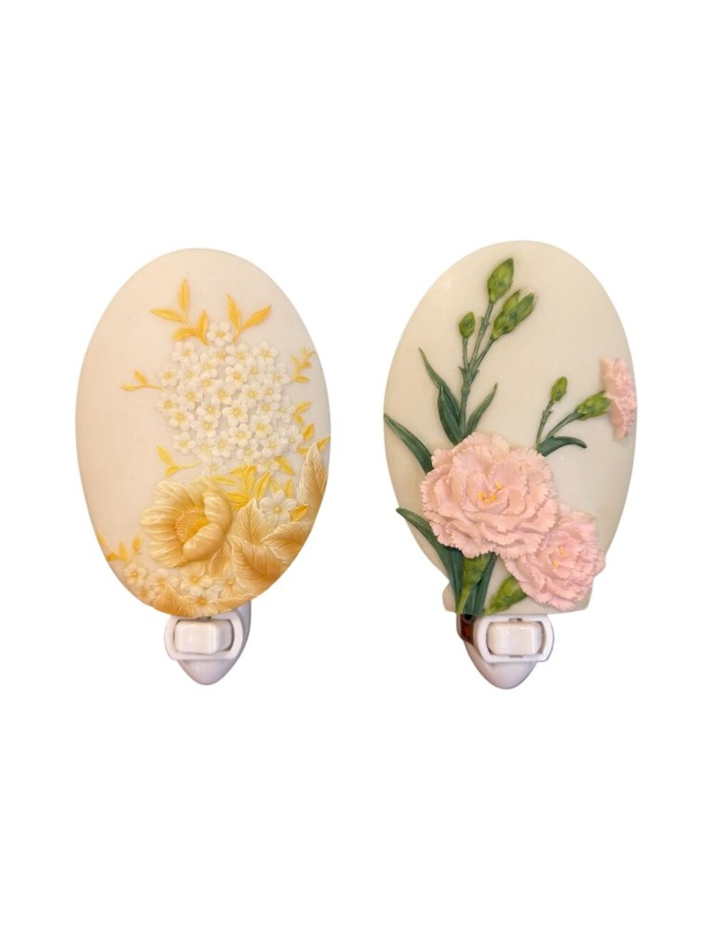 Floral Plug-In Nightlights Set Of 2 Carnation Daisy Resin Oval Light Decor